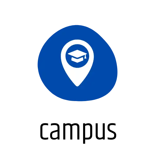 Blue circular icon featuring a white graduation cap inside a location pin, representing a campus or educational hub.